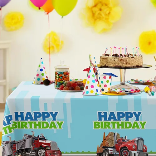 Miniatura 4 de Mantel de feliz cumpleaños para camión, suministros de plástico para niños, niñas, color verde, suministros de fiesta de cumpleaños, fiesta, picnic