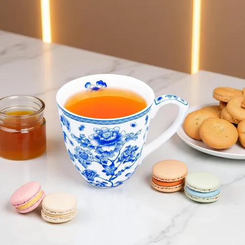 Miniatura 5 de Taza floral de porcelana de hueso de 14 onzas, taza de café floral para mujeres y hombres, taza de té de café de porcelana de hueso con asa cómoda