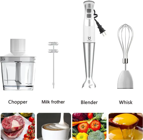 Miniatura 3 de Batidora de inmersión manual, UTALENT 5 en 1 de 8 velocidades con picadora de alimentos de 500 ml, recipiente de 600 ml, espumador de leche, batidor