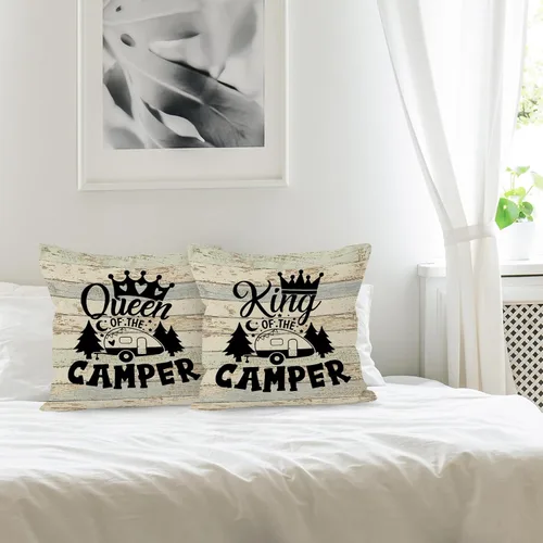 Miniatura 3 de Juego de 2 fundas de almohada con diseño de King Queen of The Camper, divertidos regalos para parejas, parejas de campamento, 18 x 18 pulgadas