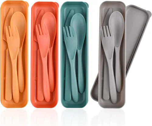 Miniatura 13 de Juego de utensilios para acampar, juego de utensilios reutilizables con estuche, juego de cubiertos de plástico tenedores cuchara vajilla palillos