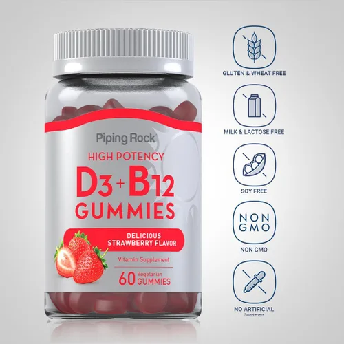 Miniatura 3 de Piping Rock Gomitas de vitamina D3 y B12 60 unidades Suplemento para mujeres y hombres Alta potencia Sabor a fresa Vegetariano, sin OMG