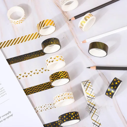 Miniatura 4 de Whaline Juego de 12 rollos de cinta washi con patrón de lámina dorada, cinta adhesiva con corazón, punto, raya arcoíris, juego de cintas decorativas