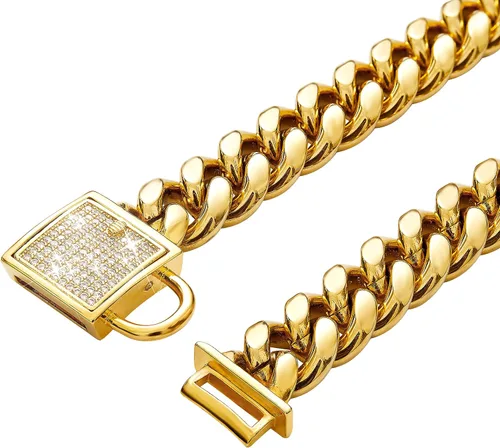Miniatura 5 de Collar de cadena para perro con cierre de circonita cúbica de 0.551 in, acero inoxidable, chapado en oro de 18 quilates, cadena cubana