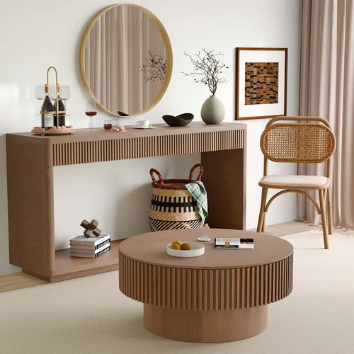 Miniatura 8 de Mesa de centro redonda con almacenamiento, moderna mesa de centro de madera con chapeado de madera maciza, mesa central circular mesa de té de 31.5