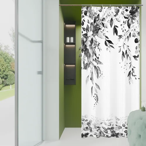 Cortina de ducha de hojas de eucalipto negras para baño: juego de cortinas de ducha con acuarela de arte estético con ganchos, decoración de tela