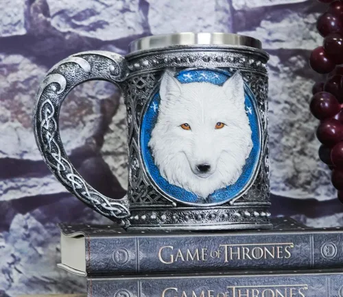 Miniatura 9 de Ebros Gift Gran celta mágica Knotwork Alpha Direwolf White Snow Wolf 8oz cáliz de copa de vino con forro de acero inoxidable Figura de taza