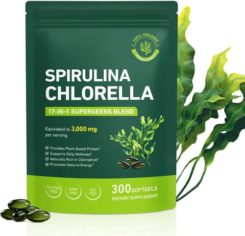 Cápsulas de Clorella de Espirulina Orgánica,Suplemento sin OMG y sin gluten,300 cápsulas blandas