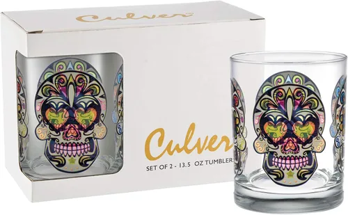 Culver Festive Sugar Skulls - Vasos dobles decorados a la antigua, 13.5 onzas, en caja de regalo, juego de 2 unidades (transparente)