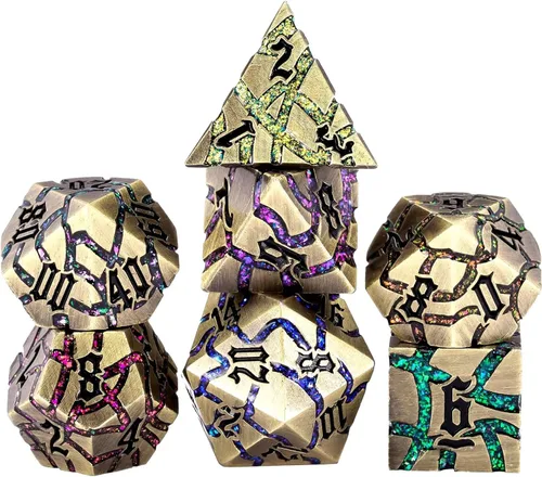 Juego de Dados de Metal DND, Conjunto de 7 Dados Poliédricos D&D, Conjunto de Dados con Grietas Brillantes para Juego de Rol Calabozos y Dragones