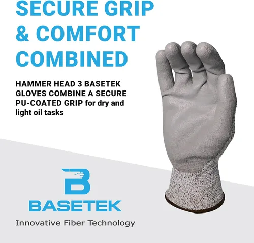 Miniatura 5 de Armor Guys Hammer Head 3 Basetek - Guantes de trabajo protectores para mujeres y hombres con forro de HDPE A3 Basetek - L, 3/par 3 pares (Large)