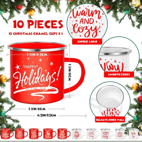 Miniatura 2 de Uiifan 10 Piezas Tazas de Esmalte de Navidad a Granel Lindas de 12 oz Acero Galvanizado Festivas Divertidas Novedosas Taza de Café Feliz Navidad