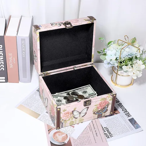 Miniatura 7 de ELLDOO Cofre decorativo del tesoro, caja de almacenamiento de madera + piel sintética para joyas, caja de recuerdos para niñas y mujeres