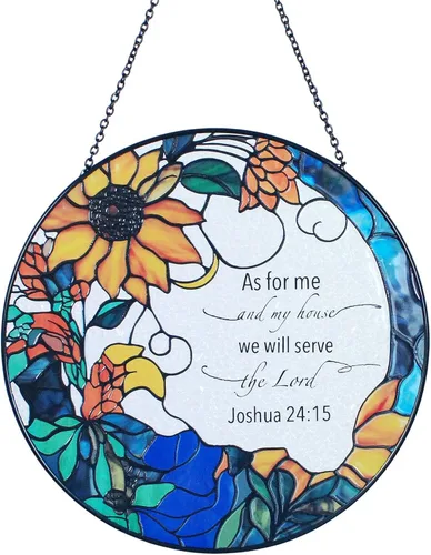 Vitrales de 7.8 pulgadas con diseño de atrapasoles con texto en inglés "As for Me and My House We Will Serve The Lord Christian Wall" | Arte de