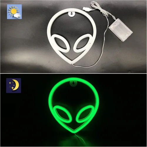 Miniatura 5 de Letrero de neón alienígena LED verde con luces de neón USB/funciona con pilas, letrero de luces alienígenas genial para decoración de pared