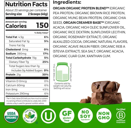 Miniatura 2 de Orgain Proteína en polvo orgánica a base de plantas, dulce de azúcar cremoso de chocolate - 21 g de proteína, vegano, bajo en carbohidratos netos