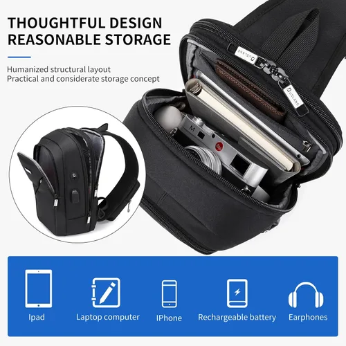 Miniatura 23 de DUSLANG Mochila de hombro para senderismo, bolsa cruzada para hombres, bolsas de pecho con puerto de cargador USB para campamento casual, ciclismo