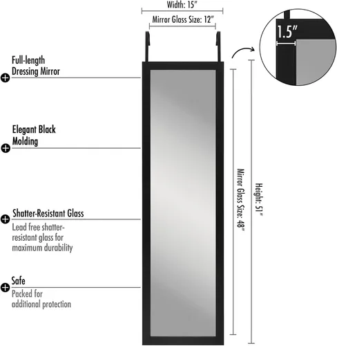 Miniatura 3 de Americanflat - Espejo de puerta negro de 12 x 48 pulgadas, colgante de longitud completa para dormitorio, baño, espejo largo de cuerpo completo