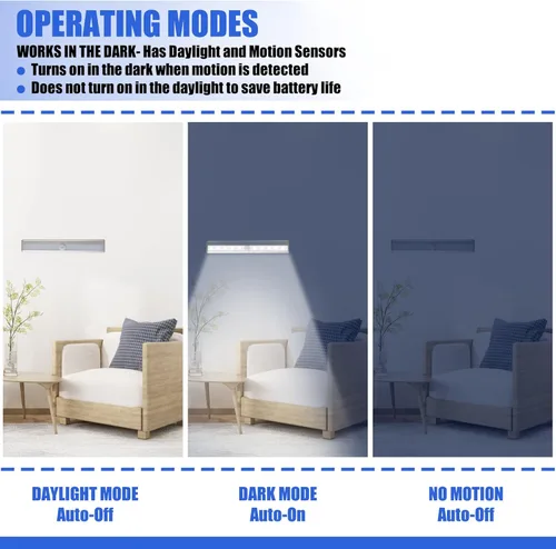 Miniatura 2 de Paquete de 6 luces LED con sensor de movimiento, 10 luces LED para armario operadas por batería, barra de luz nocturna magnética adhesiva, luz LED