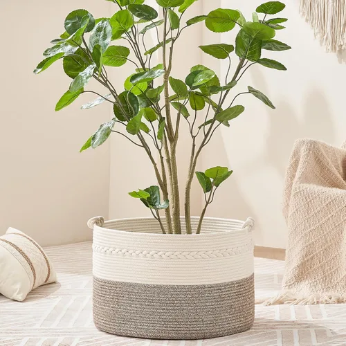 Miniatura 6 de KAKAMAY Cesta grande para manta (20 x 13 pulgadas), cestas tejidas para almacenamiento de ropa sucia de bebé, canasta de manta de cuerda de algodón