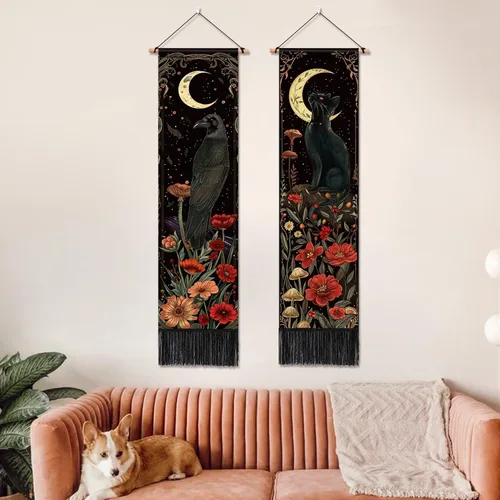 Miniatura 9 de ARTCREATOR Paquete de 2 tapices verticales góticos de decoración de pared oscura caprichosa, diseño de cuervo de gato negro, místico, luna bruja