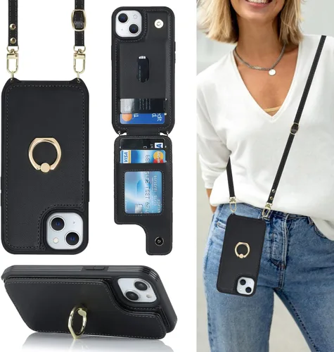 Miniatura 13 de Lipvina Funda para iPhone 14 Plus con tarjetero y correa para mujer, cordón cruzado, bloqueo RFID, soporte de anillo de soporte, cierre a presión