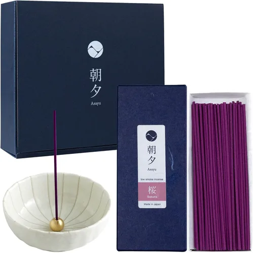 Miniatura 12 de Asayu Japan Set de regalo de incienso de bajo humo con soporte de incienso y soporte de latón, varillas de incienso de madera de agarwood