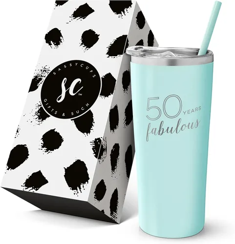 Vaso de 50 cumpleaños – 50 años fabulosos – Vaso de acero inoxidable con popote y tapa – Taza aislada para cumpleaños de mamá – Recuerdos de fiesta