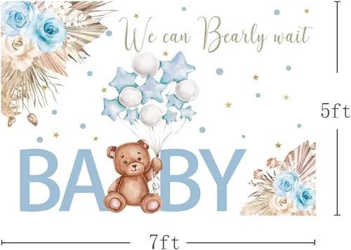 Miniatura 3 de AIBIIN Telón de fondo azul de 7 x 5 pies para baby shower, con texto en inglés "We Can Bearly Wait", fondo de fotografía, bohemio, floral, baby