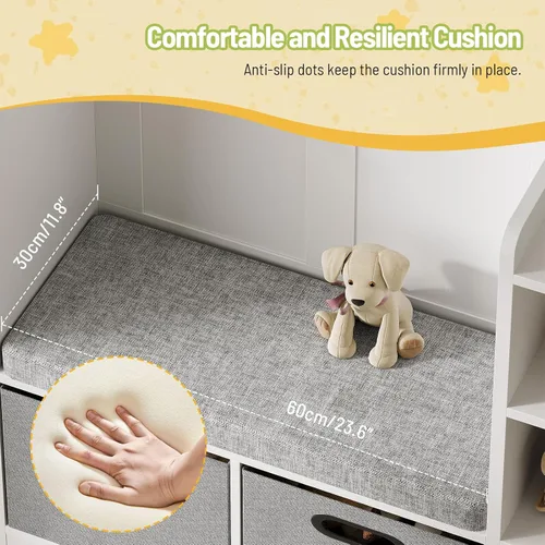 Miniatura 3 de Organizador y almacenamiento de juguetes, estantería para niños con cojín de asiento y pizarra, 2 cajones móviles, caja de almacenamiento
