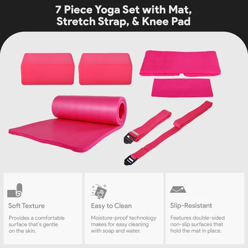 Miniatura 4 de BalanceFrom Juego de yoga de 7 piezas con esterilla extra gruesa de 71 x 24 x 1 pulgadas y correa de transporte – Incluye 2 bloques, correa de Rosado