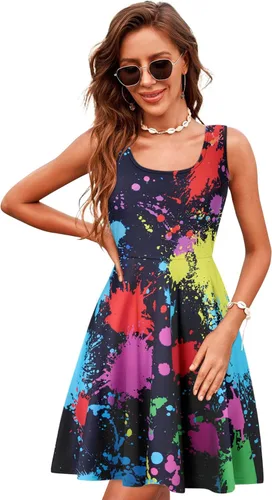Miniatura 45 de uideazone - Vestido de mujer sin mangas cuello redondo de verano, para playa, casual, Midi línea A.