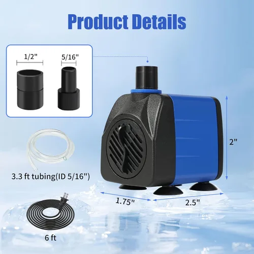 Miniatura 2 de AQUANEAT Bomba de fuente pequeña, mini bomba de agua sumergible de 160 GPH con tubo de 3.3 pies, para acuario, fuente de agua para mascotas