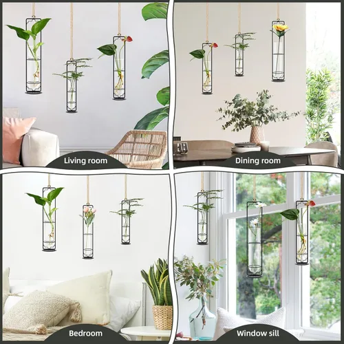 Miniatura 6 de MIPON Estación de propagación de plantas colgantes de metal, maceta hidropónica de tubo de ensayo de vidrio de 3 tamaños, soporte bohemio para Negro