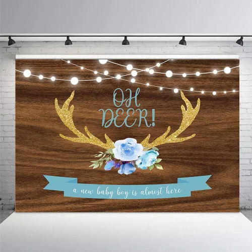 Miniatura 2 de MEHOFOND 7 x 5 pies Oh Deer Baby Shower fondo utilería azul floral madera rústica It's A Boy Baby Shower Gold Buck caza luces con purpurina bosque