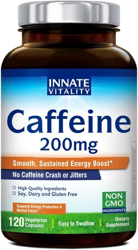 Innate Vitality Cafeína, pastillas de cafeína de 200 mg para adultos, hombres y mujeres, sin choques ni nerviosismo, sin OMG, sin gluten, aumenta