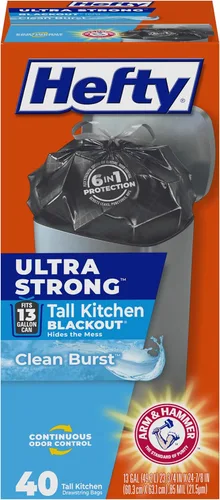 Hefty Bolsas de basura ultra fuertes de 13 galones, bolsas de basura negras altas para cocina, tamaño de 13 galones, caja con cordón resistente a la