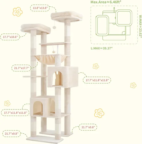 Miniatura 2 de Hey-brother Torre de árbol alto para gatos, postes rascadores resistentes con plataformas grandes, condominios acogedores, hamaca grande, bolas