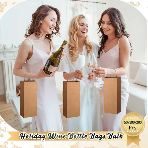 Miniatura 5 de Handepo 50 bolsas de papel kraft para vino con asas prácticas de 13 x 5.3 x 3.3 pulgadas, bolsas de compras para pequeñas empresas (marrón)