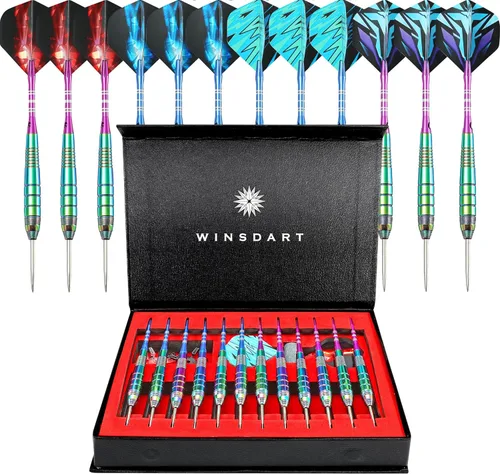Miniatura 7 de WINSDART Steel Tip Darts 12 Pack Set with Nonslip Iron Barrel Aluminum Dart Shafts and Flights Darts Sharpener an Gift Box Negro y plateado Dardos-A