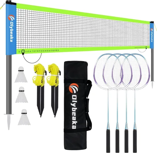 Outdoor Baminton Net Set for Backyard, Beach, Family Games with 20 * 3ft Anti-sag Net, 4 Aluminum Badminton Rackets, 3 Shuttlecocks, Carring Bag -