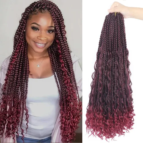 Miniatura 49 de Goddess Box Braids - Trenzas de cabello a ganchillo con extremos rizados, trenzas de caja bohemianas de 16 pulgadas, trenzas de ganchillo, 8 1B-4-30