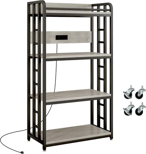 Miniatura 11 de METYERRY Estante de cocina ajustable de 4 niveles resistente con toma de corriente, con ruedas industriales, soporte de carrito de horno microondas