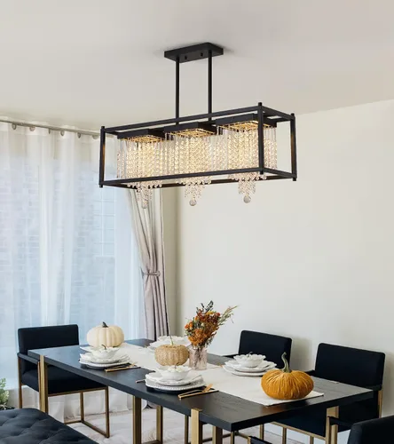 Miniatura 8 de MEIXISUE Candelabros modernos de cristal K9 RGB LED Rectango, lámparas de araña para comedor, sala de estar, cocina, isla de 33.86 pulgadas de largo