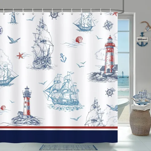 Miniatura 8 de Cortina de Ducha Bonhause Lighthouse, Decoración de Baño Náutica Costera con Velero y Brújula, 72 x 72 Pulgadas, Tela de Poliéster Impermeable