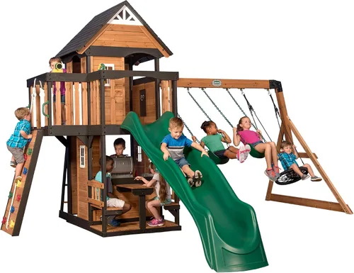 Miniatura 2 de Conjunto de columpios Backyard Discovery Canyon Creek de madera de cedro con tobogán de ola, casa de juegos, cocina de juego, área de picnic