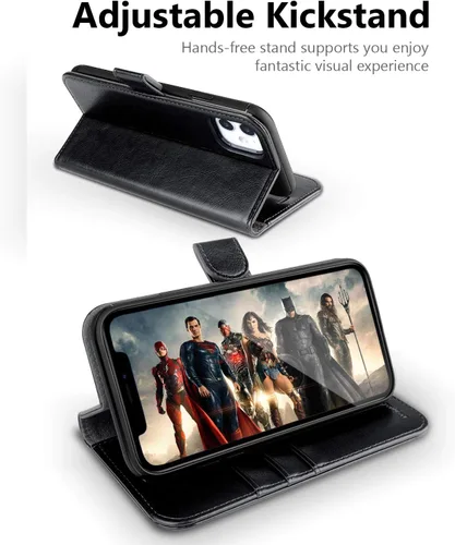 Miniatura 4 de OCASE Funda tipo cartera compatible con iPhone 11 con tarjetero y soporte para tarjetas, funda de piel sintética con función atril y cierre Negro