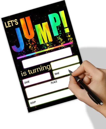 Miniatura 4 de Let's Jump Invitaciones para fiesta de cumpleaños, tarjetas de invitación de fiesta de trampolín brillante de 4 x 6 pulgadas (20 tarjetas + sobres)