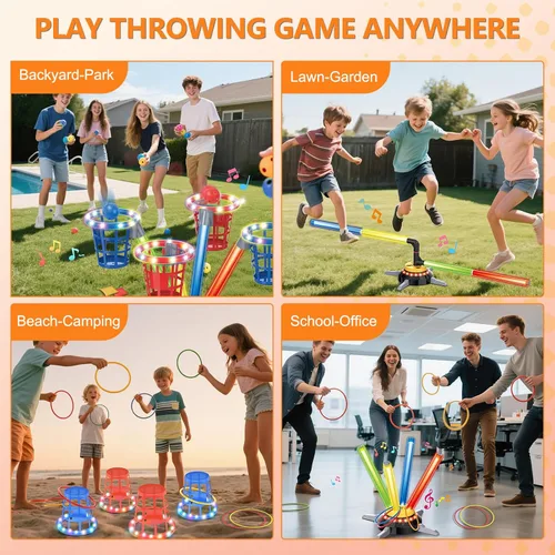Miniatura 7 de TERRAMUS Juego de Lanzamiento de Anillos de Puf 3 en 1 para Niños, Juegos de Salto Musical Recargables con Luz LED y Control Remoto, Base Giratoria