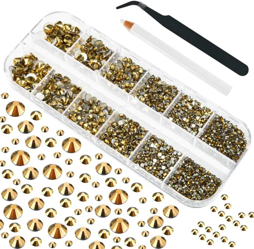 Miniatura 22 de Juego de 4010 diamantes de imitación dorados champán para arte de uñas, diamantes de imitación de parte trasera plana, dijes dorados para uñas, 6